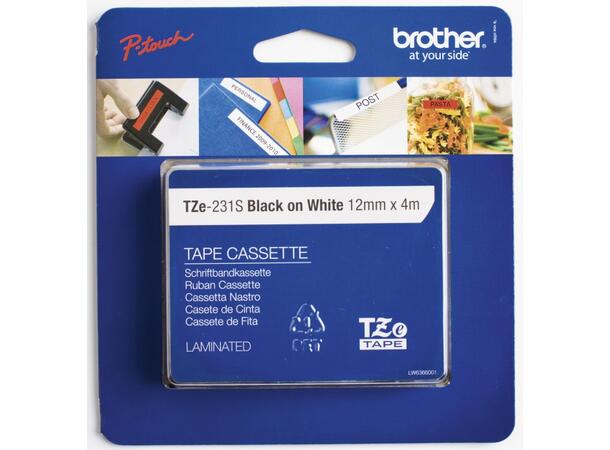 Tape BROTHER TZE231S2 12mmx4m sort/hvit 